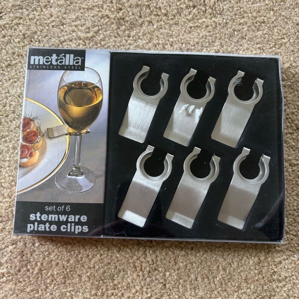 Metalla Set Of Six Stemware Plate Clips *New*